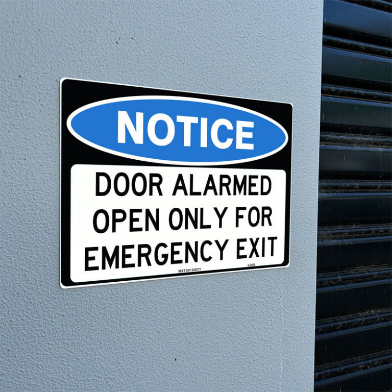 Door Alarmed Open Only For Emergency Exit Notice Sign - Next Day Safety